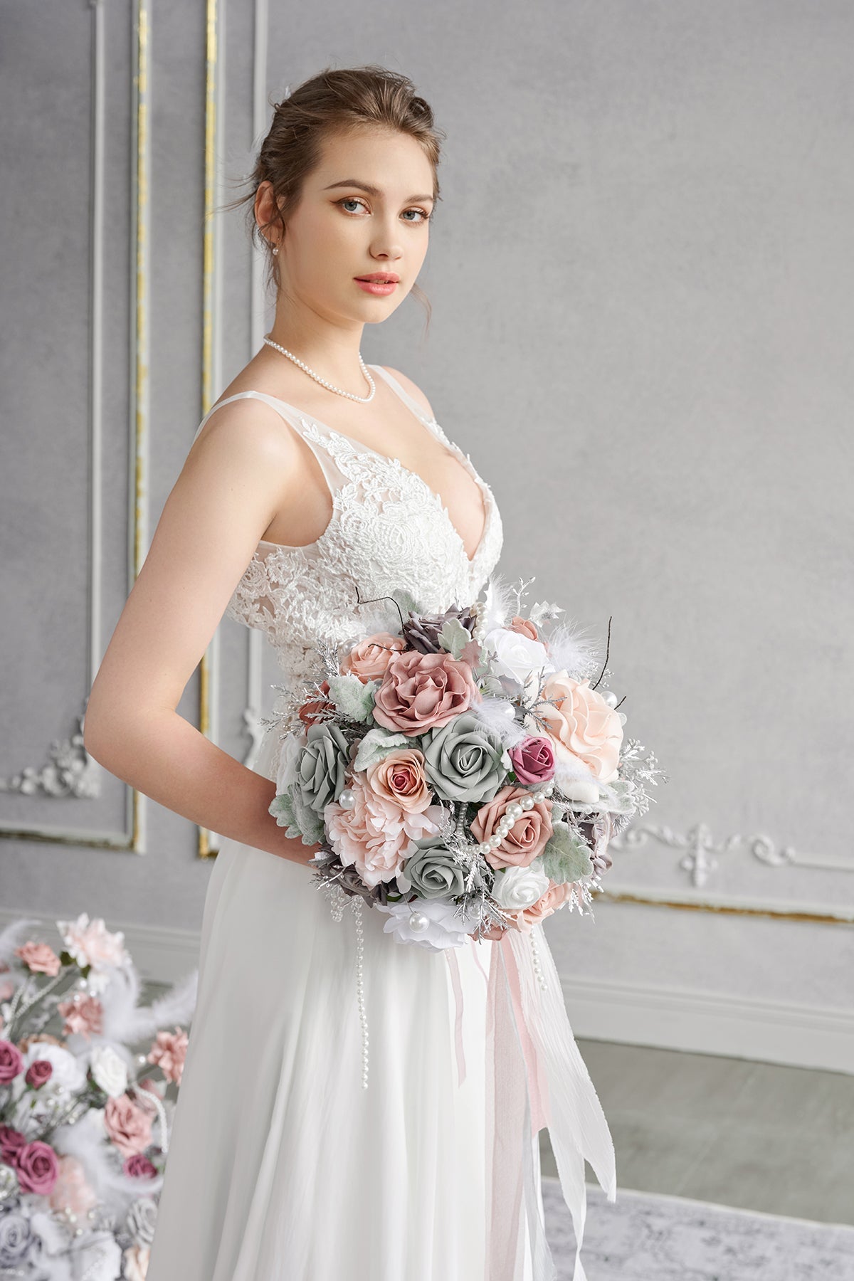 Small Round Bridal Bouquet in Dusky Rose & Silver
