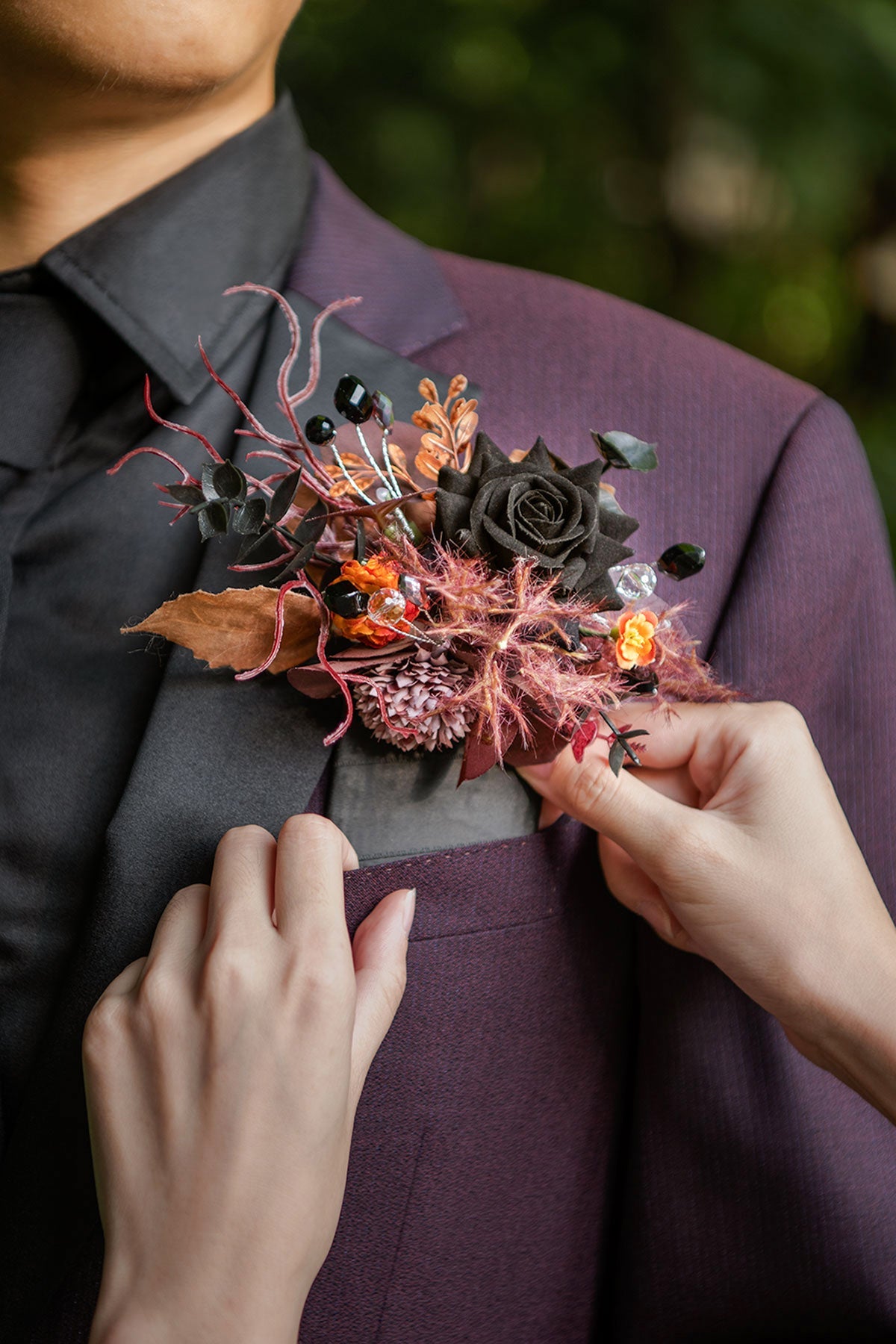 Pocket Square Boutonniere for Groom in Twilight Purple & Harvest Orange | Clearance