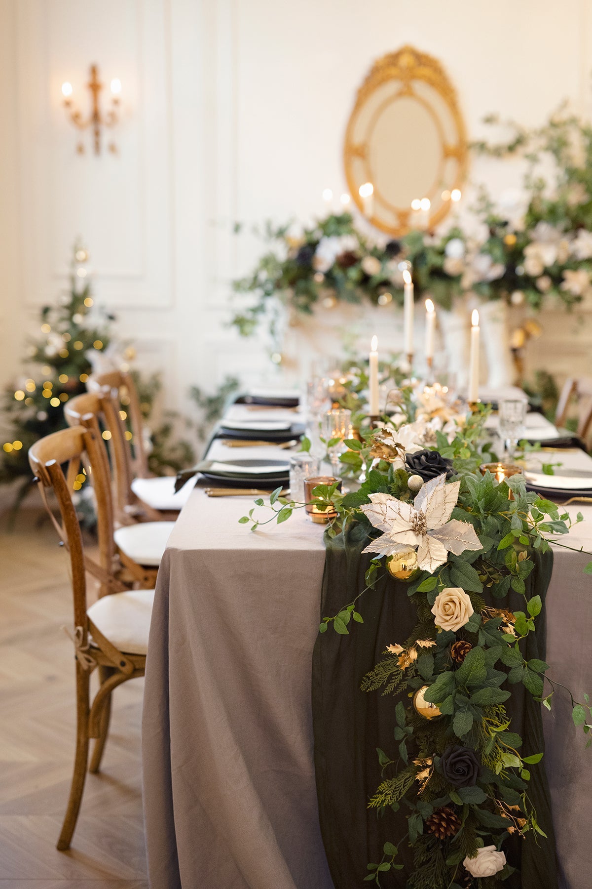 Table Linens in Champagne Christmas