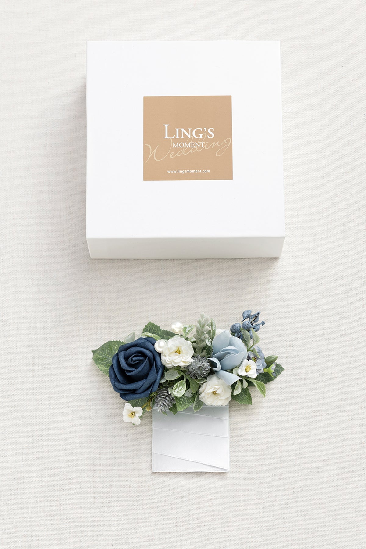 Pocket Square Boutonniere for Groom in Dusty Blue & Navy