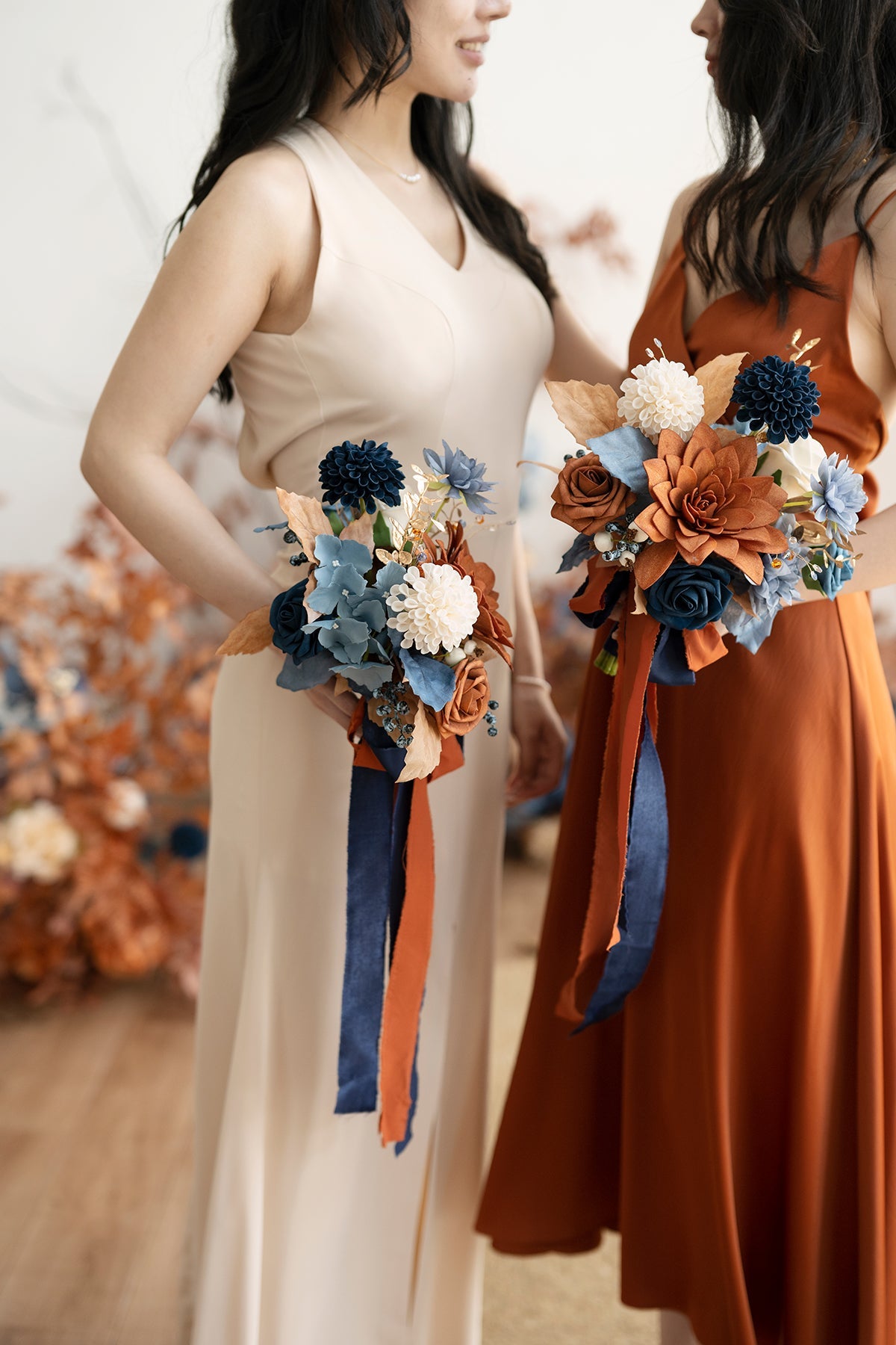 Round Bridesmaid Bouquets in Russet Orange & Denim Blue