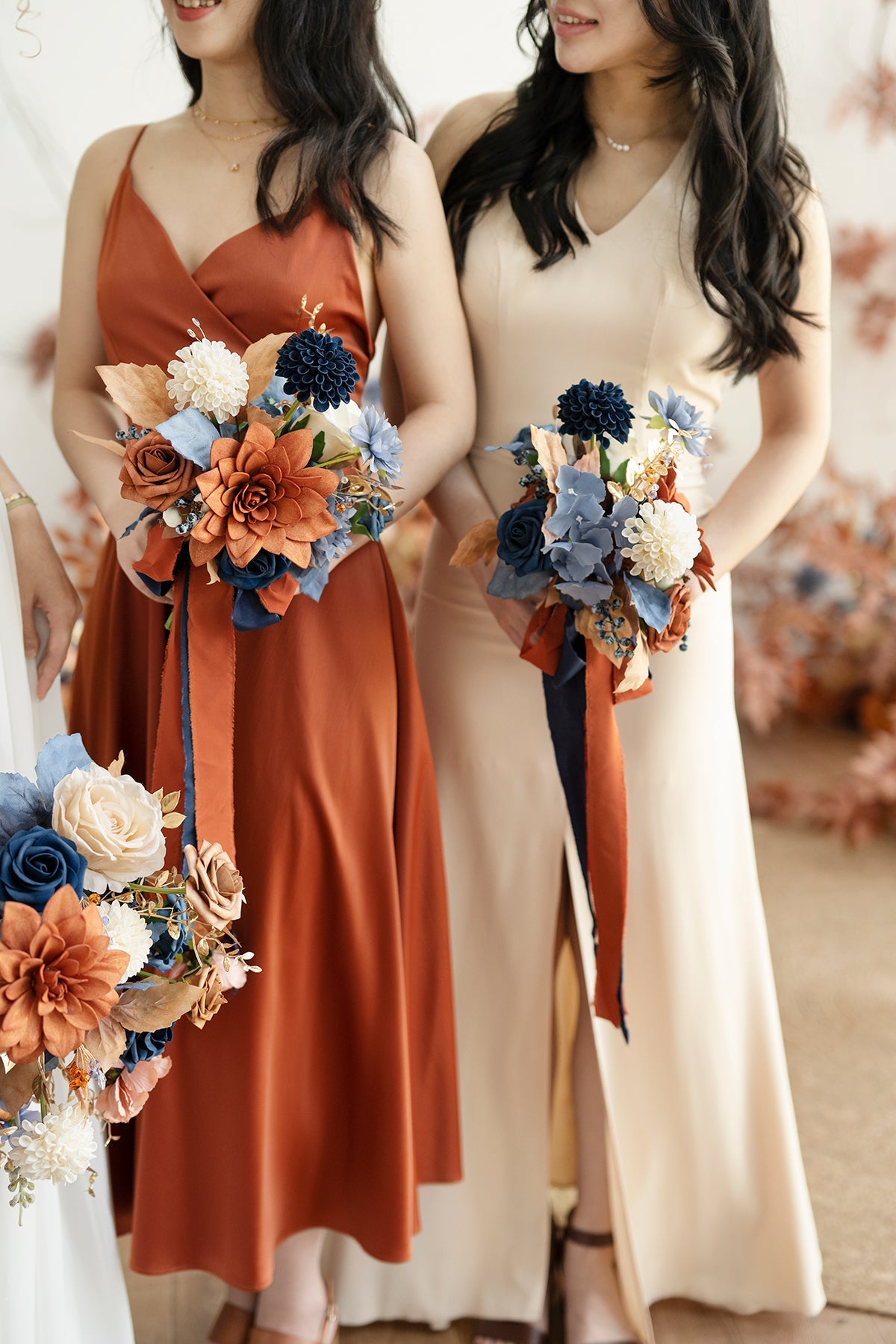 Round Bridesmaid Bouquets in Russet Orange & Denim Blue