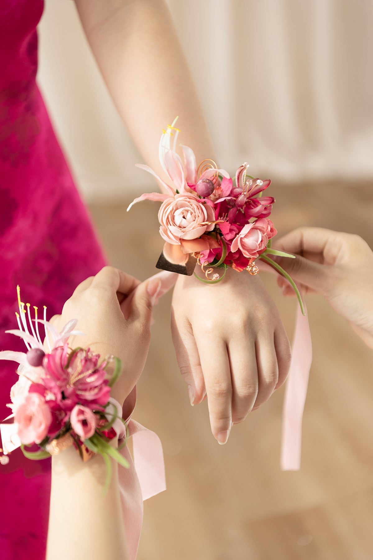Wrist Corsages in Valentine Magenta
