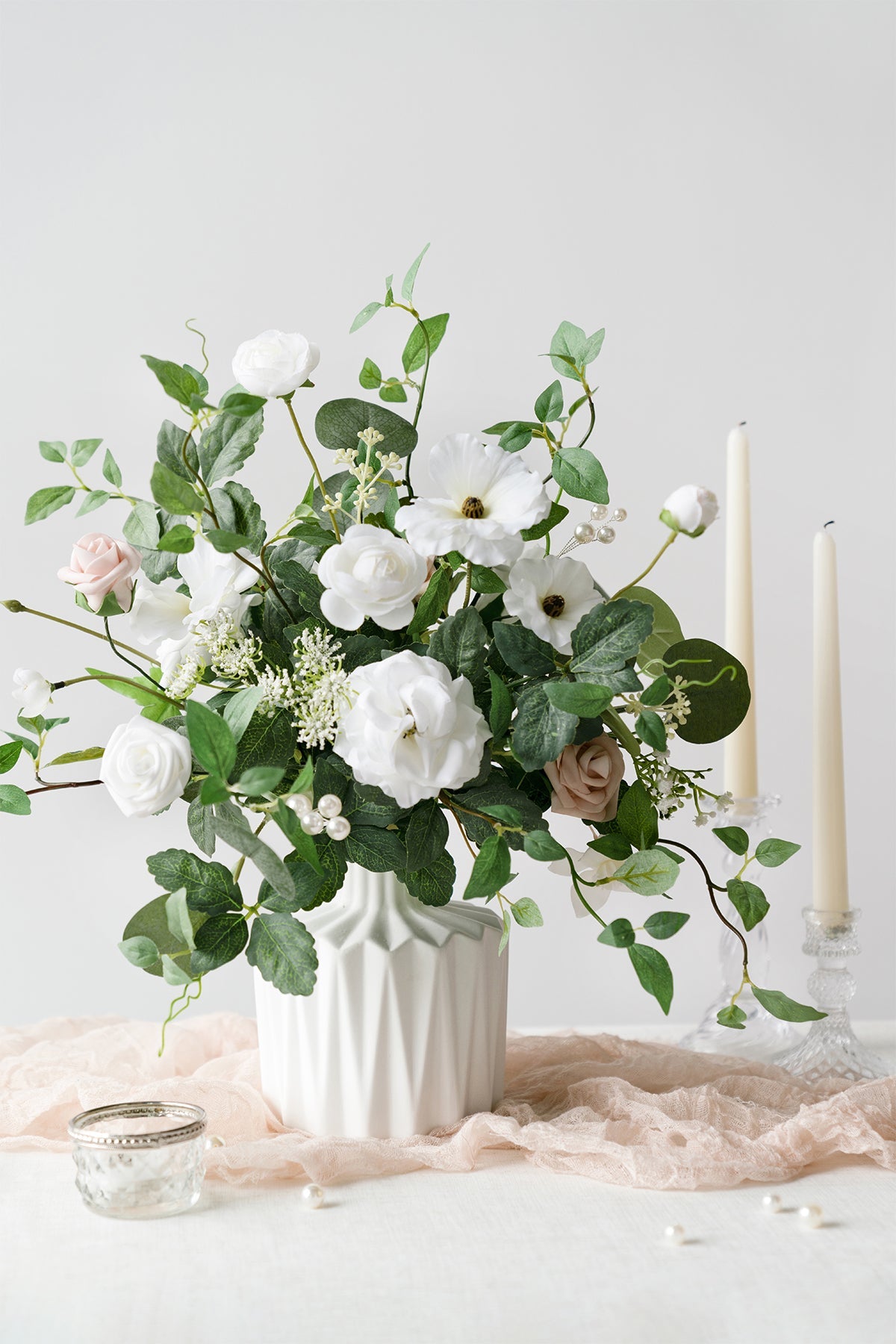 White Ceramic Vase With Folded Grain in White & Sage