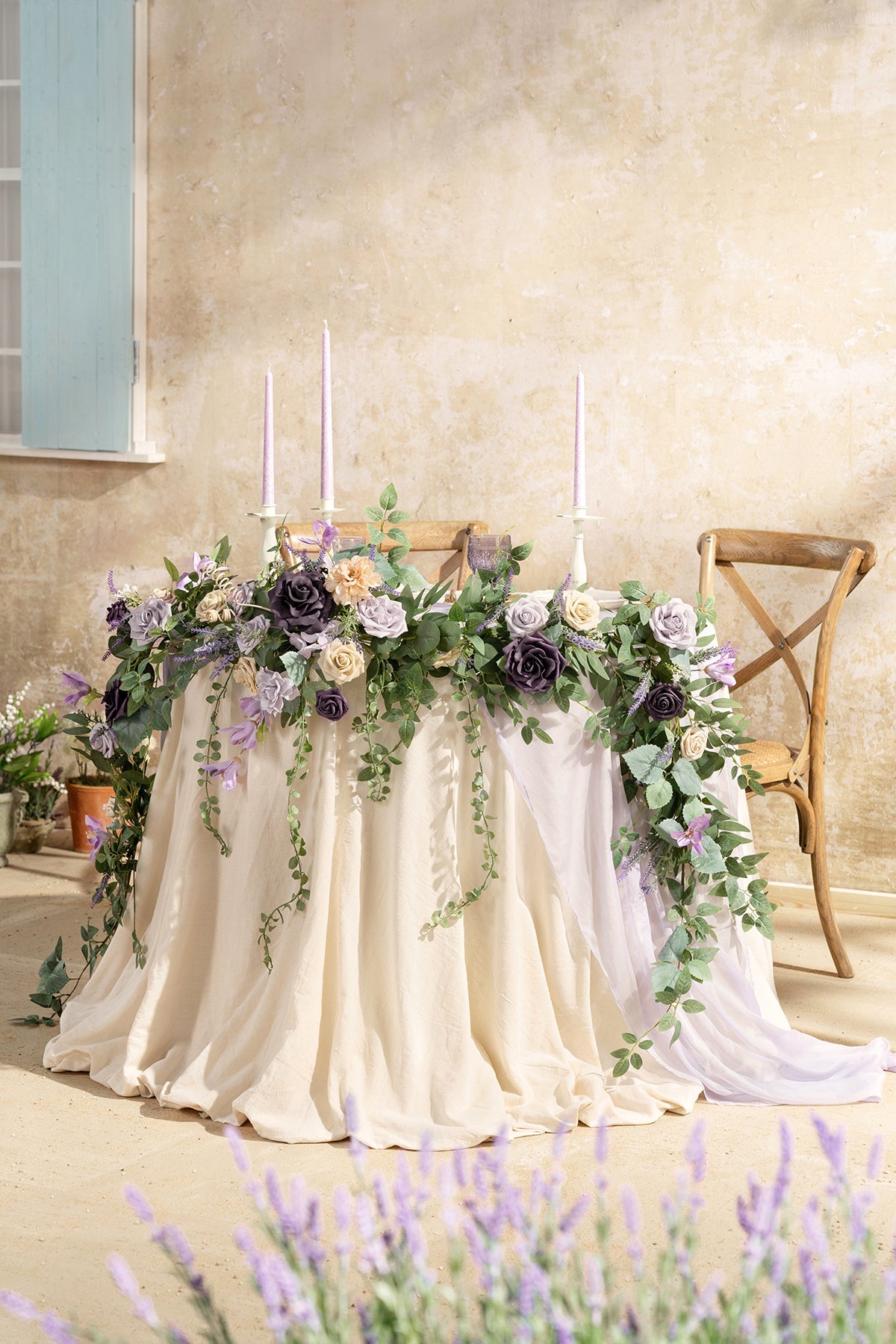 9ft Head Table Flower Garland in French Lavender & Plum
