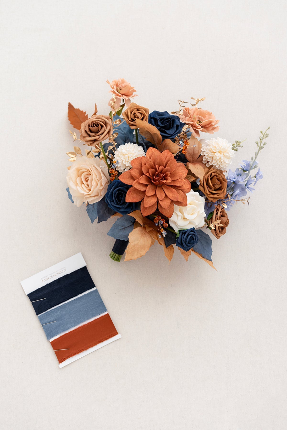Small Free-Form Bridal Bouquet in Russet Orange & Denim Blue