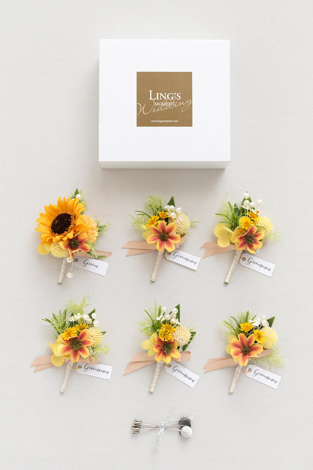 Boutonnieres in Sunflower & Peach