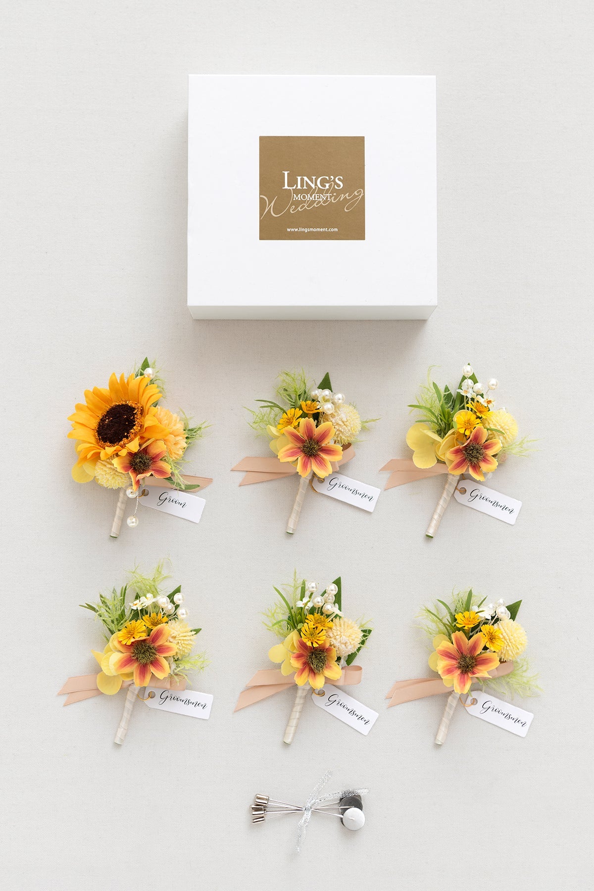 Boutonnieres in Sunflower & Peach
