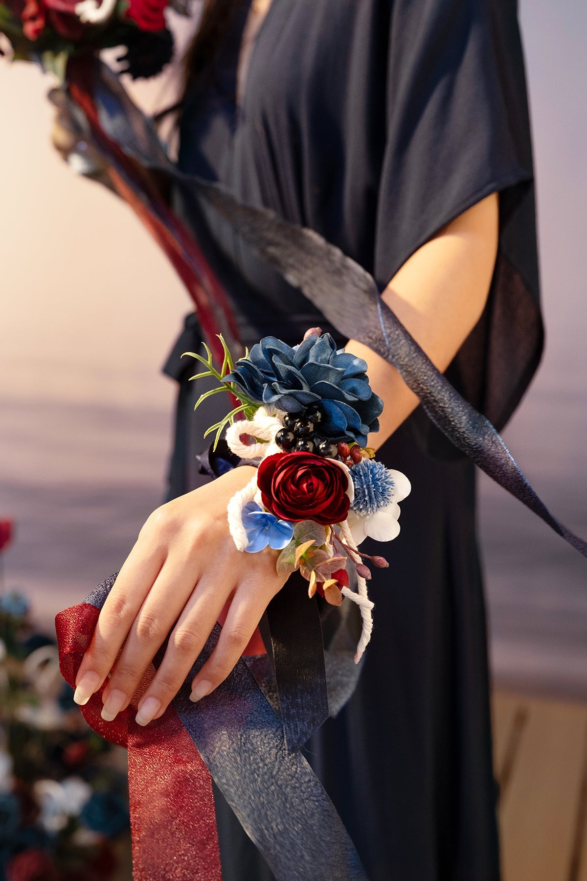 Wrist and Shoulder Corsages in Nautical Navy & Burgundy | Clearance