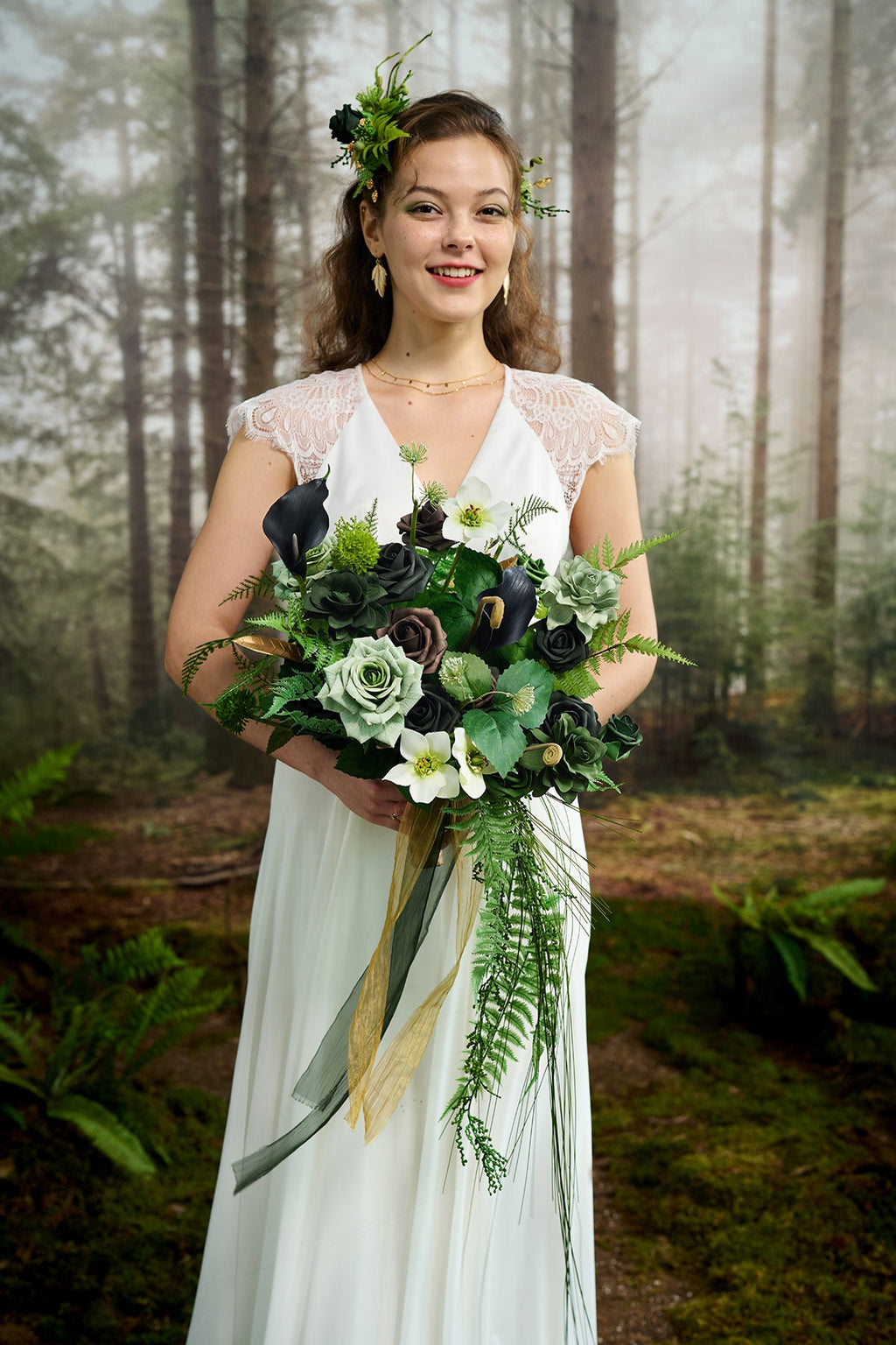 Small Cascade Bridal Bouquet in Forest Green & Gold