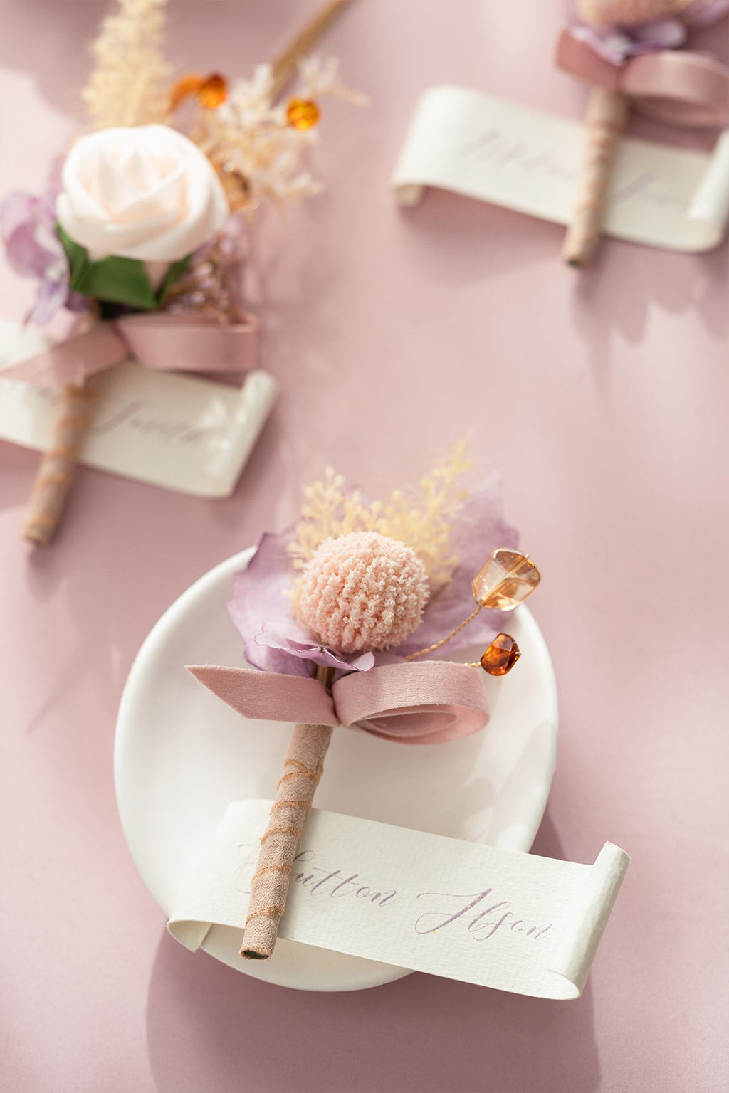 Boutonnieres in Lavender Aster & Burnt Orange