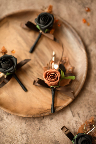 Boutonnieres in Black & Pumpkin Orange