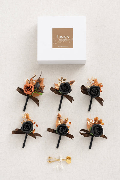 Boutonnieres in Black & Pumpkin Orange