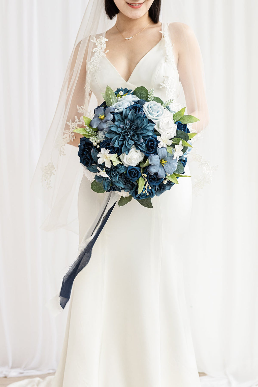 Medium Cascade Bridal Bouquet in Romantic Dusty Blue