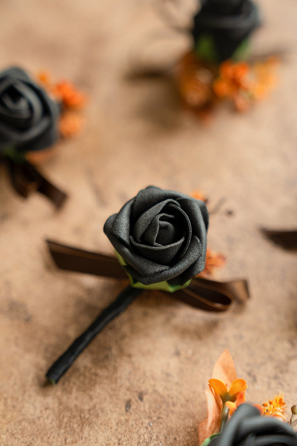 Boutonnieres for Guests in Black & Pumpkin Orange | Clearance
