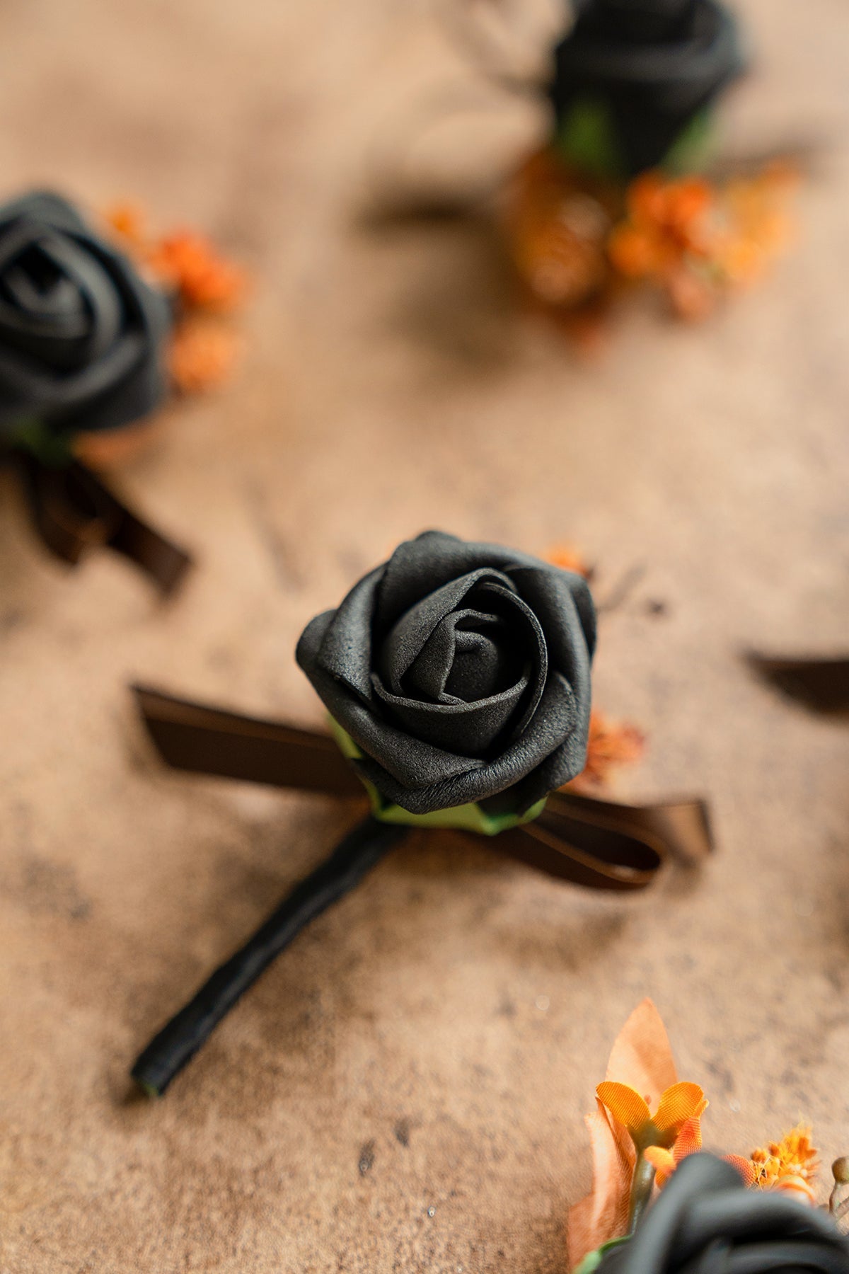 Boutonnieres for Guests in Black & Pumpkin Orange | Clearance