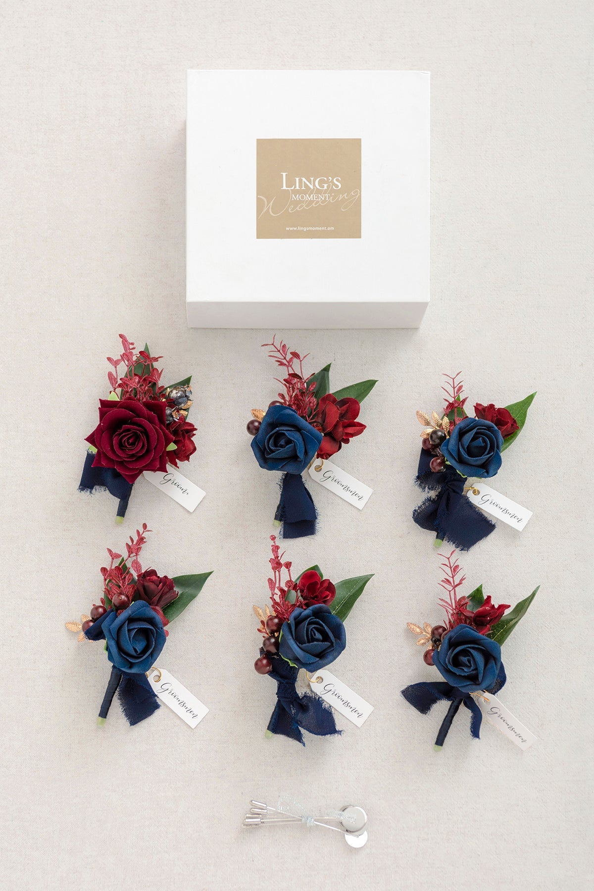 Boutonnieres in Burgundy & Navy