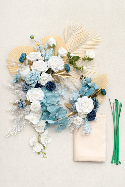 Flower Arch Decor With Drapes in Dusty Blue & Navy