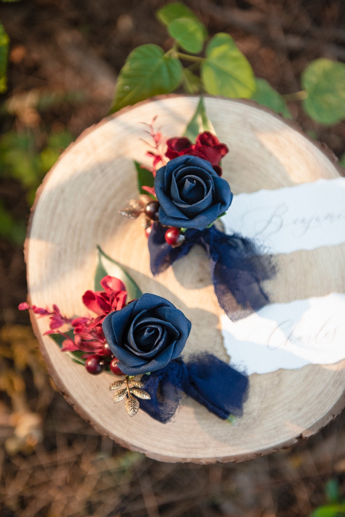 Boutonnieres in Burgundy & Navy