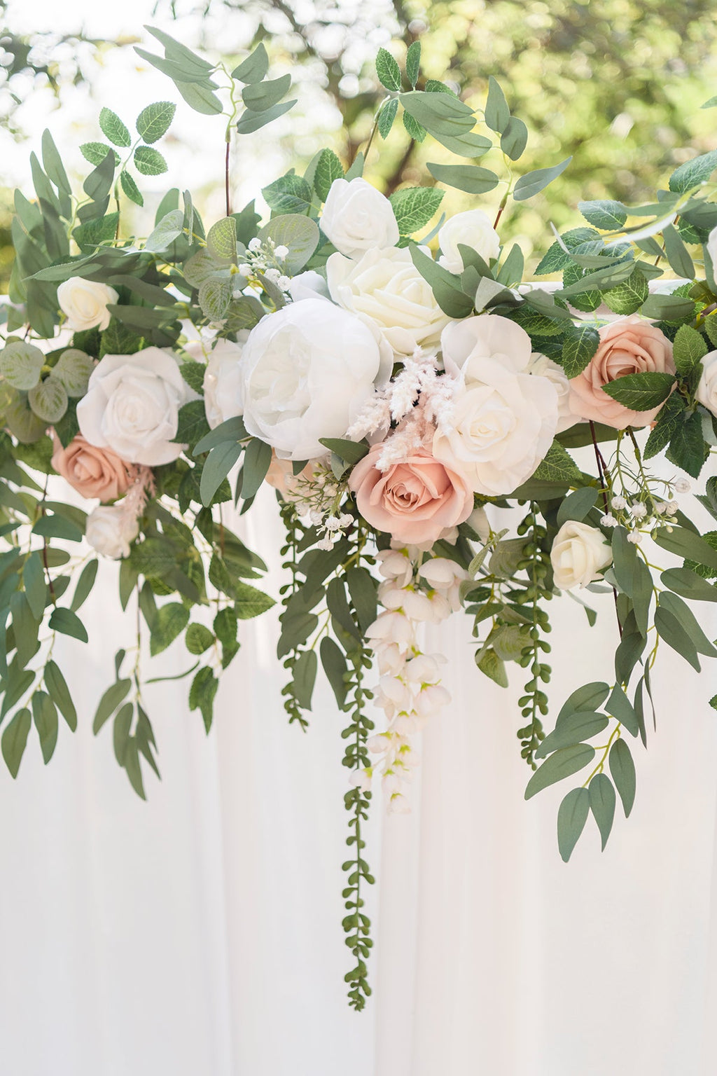 6.5ft Flower Garland with Hanging Rose Leaves for Ceremony Backdrop in White & Sage