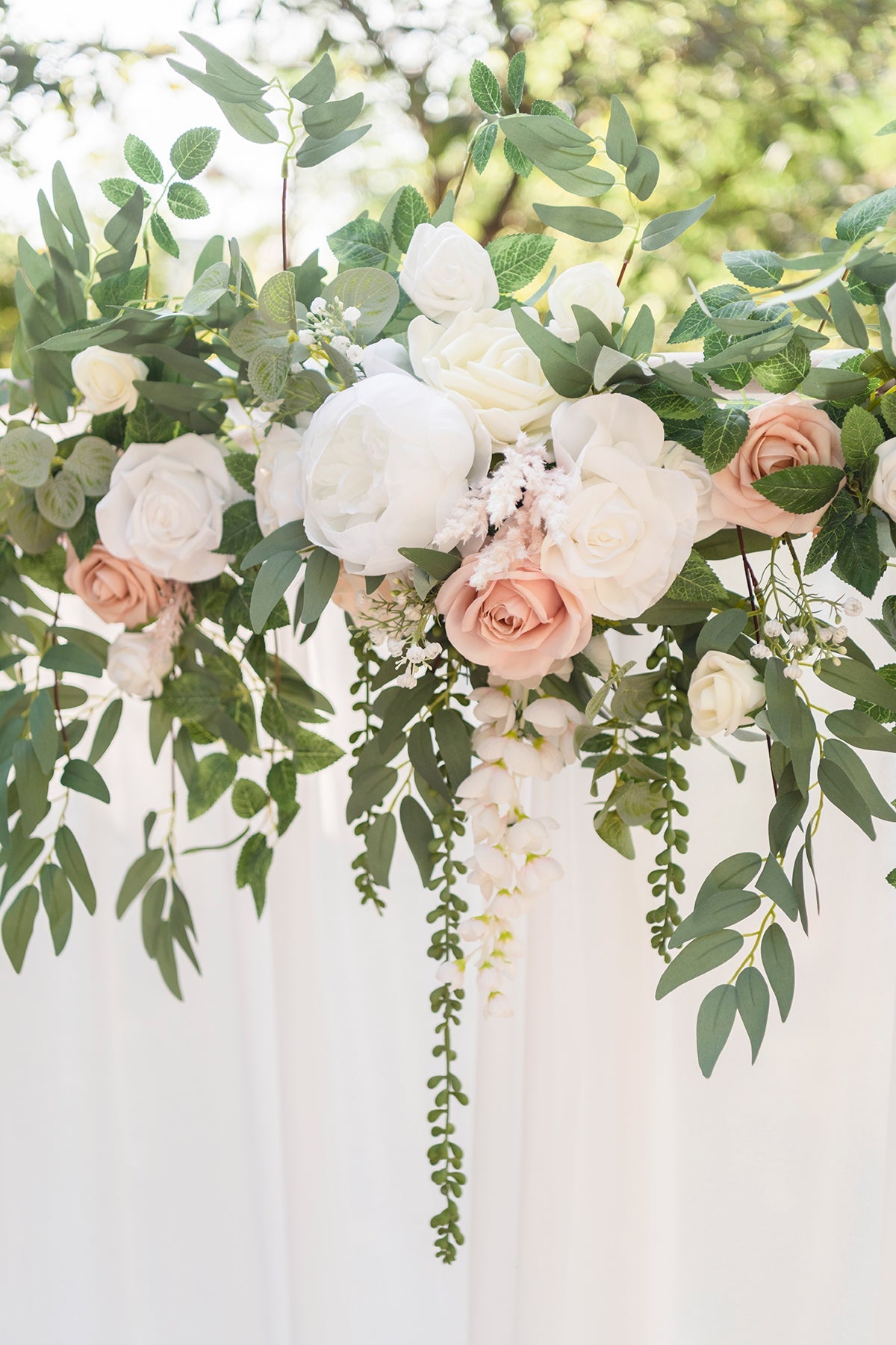 6.5ft Flower Garland with Hanging Rose Leaves for Ceremony Backdrop in White & Sage