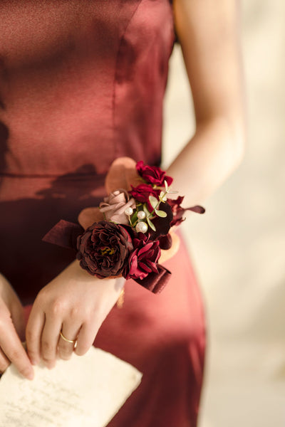 Wrist Corsages in Burgundy & Dusty Rose