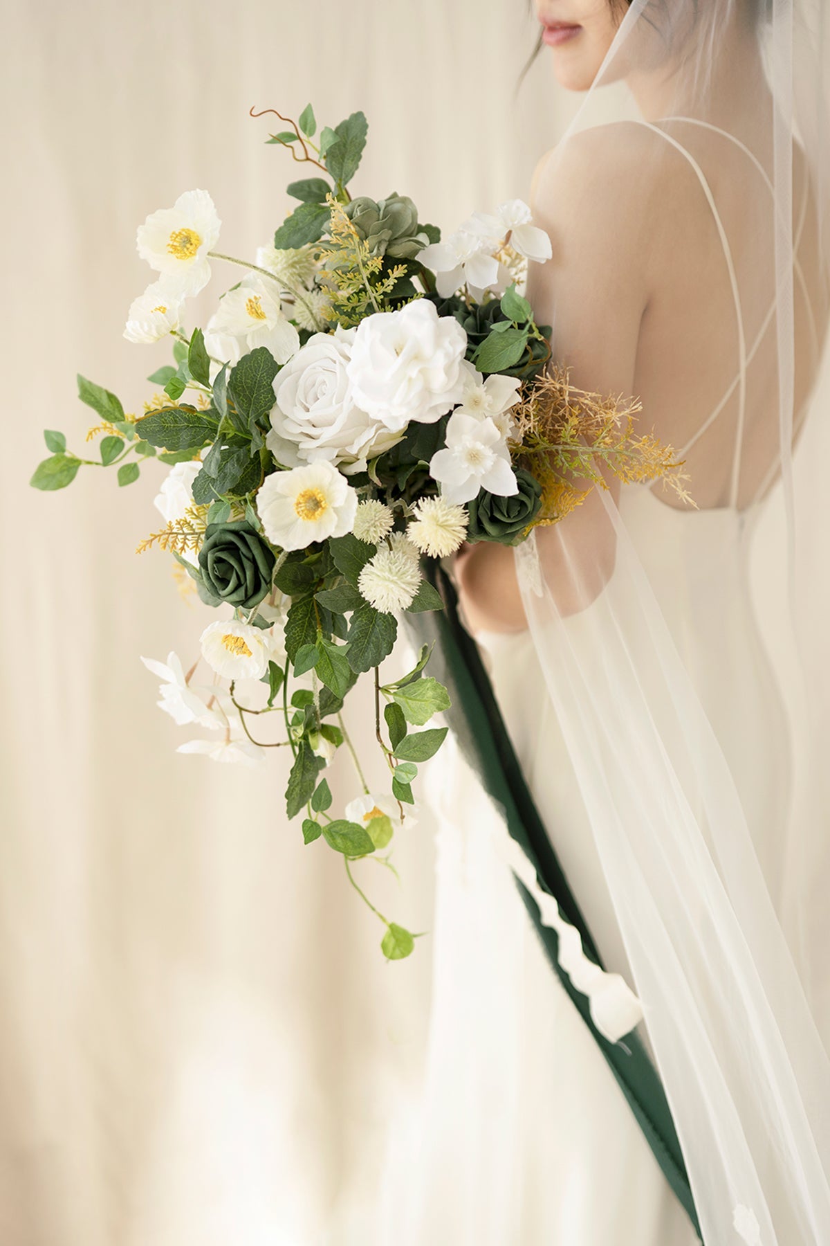 Small Cascade Bridal Bouquet in Emerald & Tawny Beige