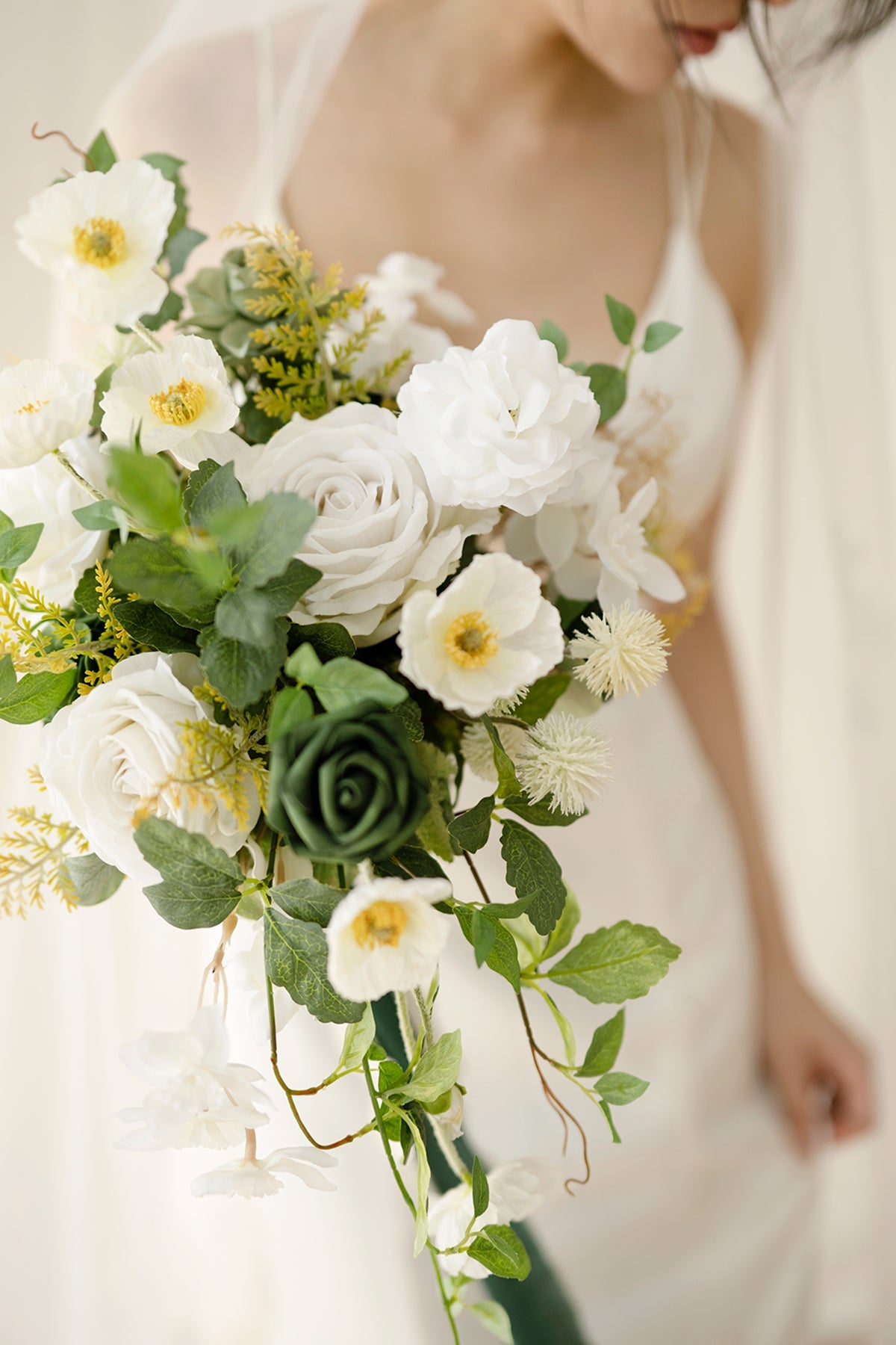 Small Cascade Bridal Bouquet in Emerald & Tawny Beige