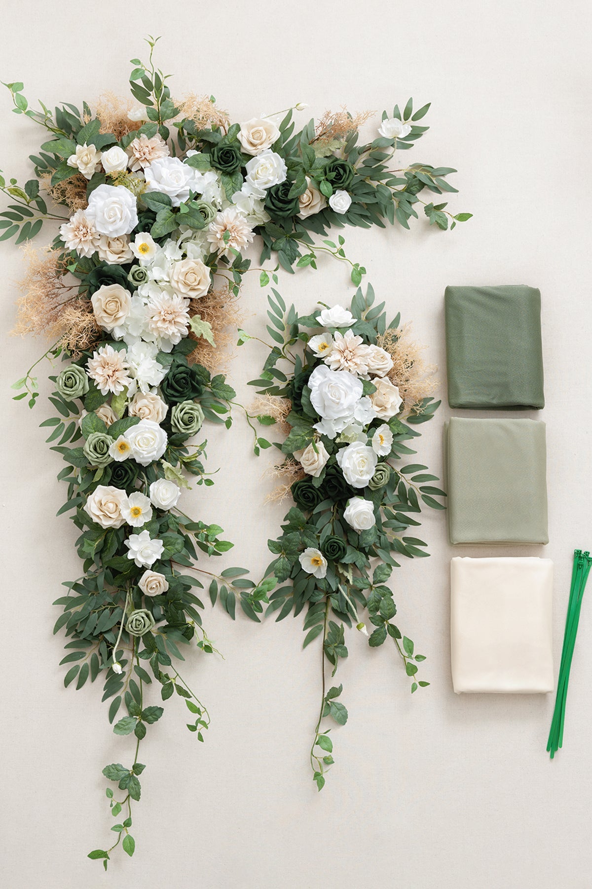 Flower Arch Decor with Drapes in Emerald & Tawny Beige