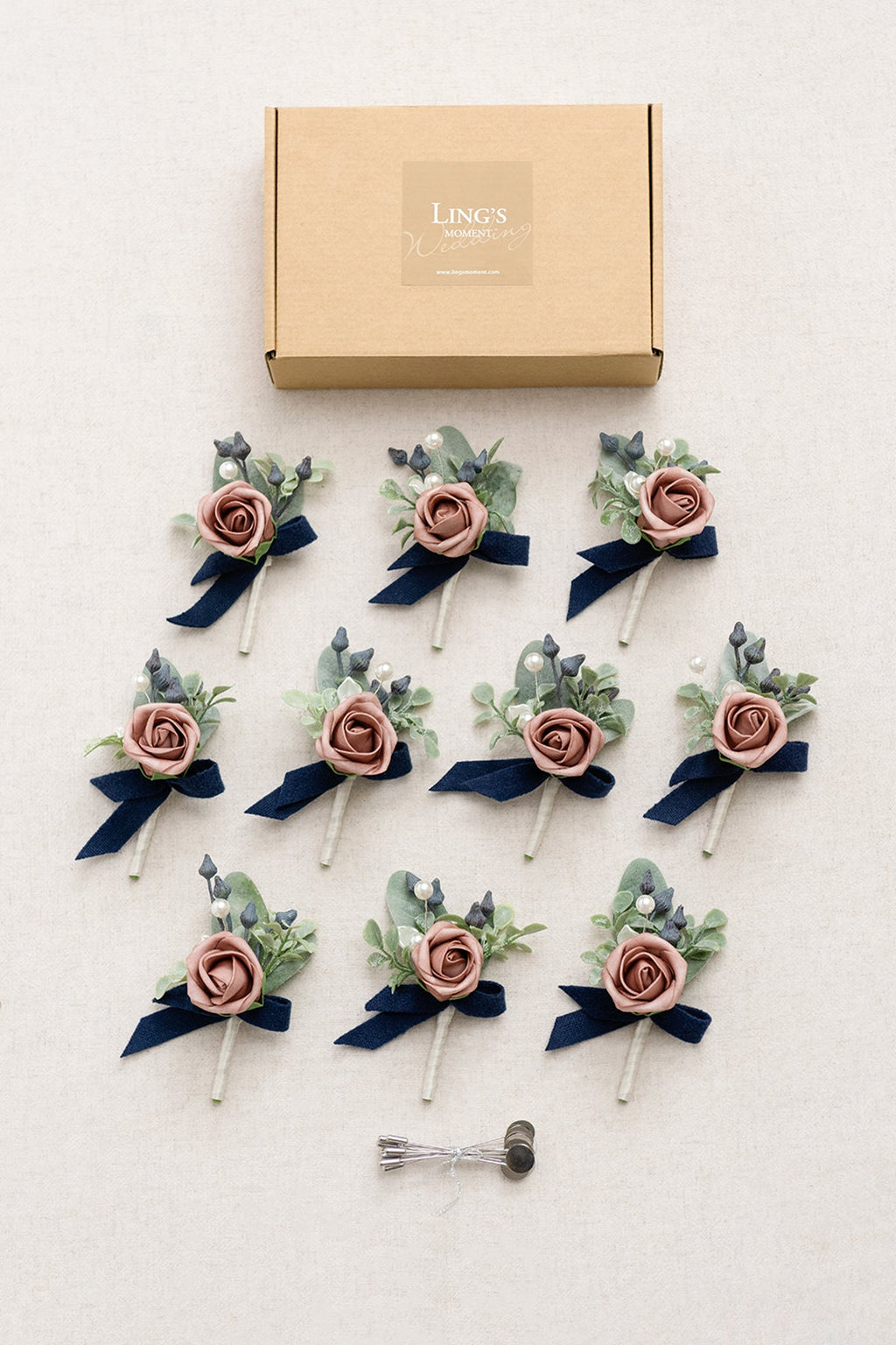 Boutonnieres for Guests in Dusty Rose & Navy