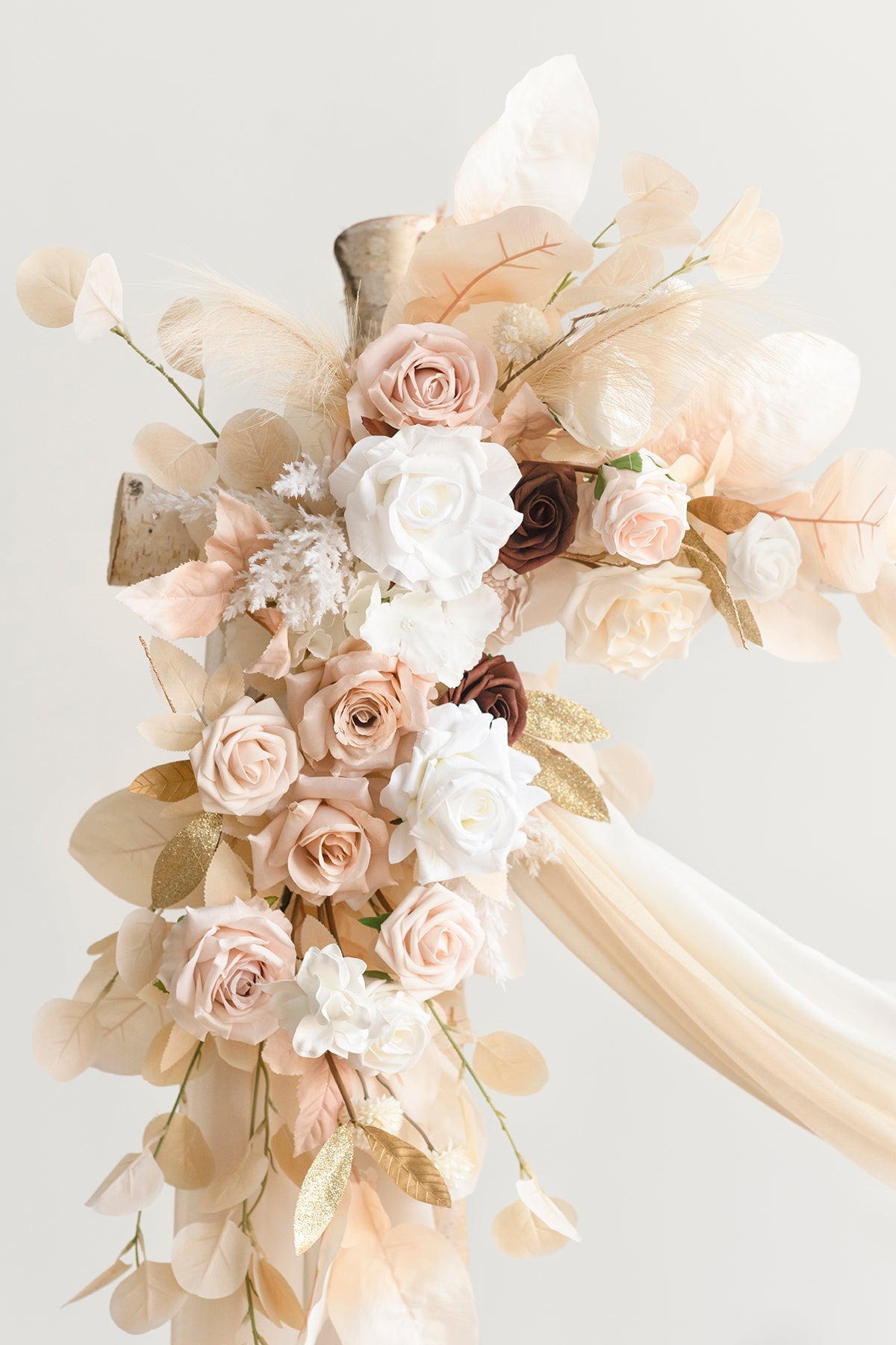 Flower Arch Decor with Drapes in White & Beige