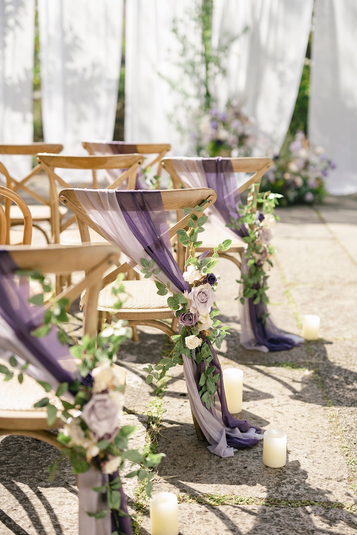 Wedding Aisle Chair Flower Decoration in Lilac & Gold | Clearance