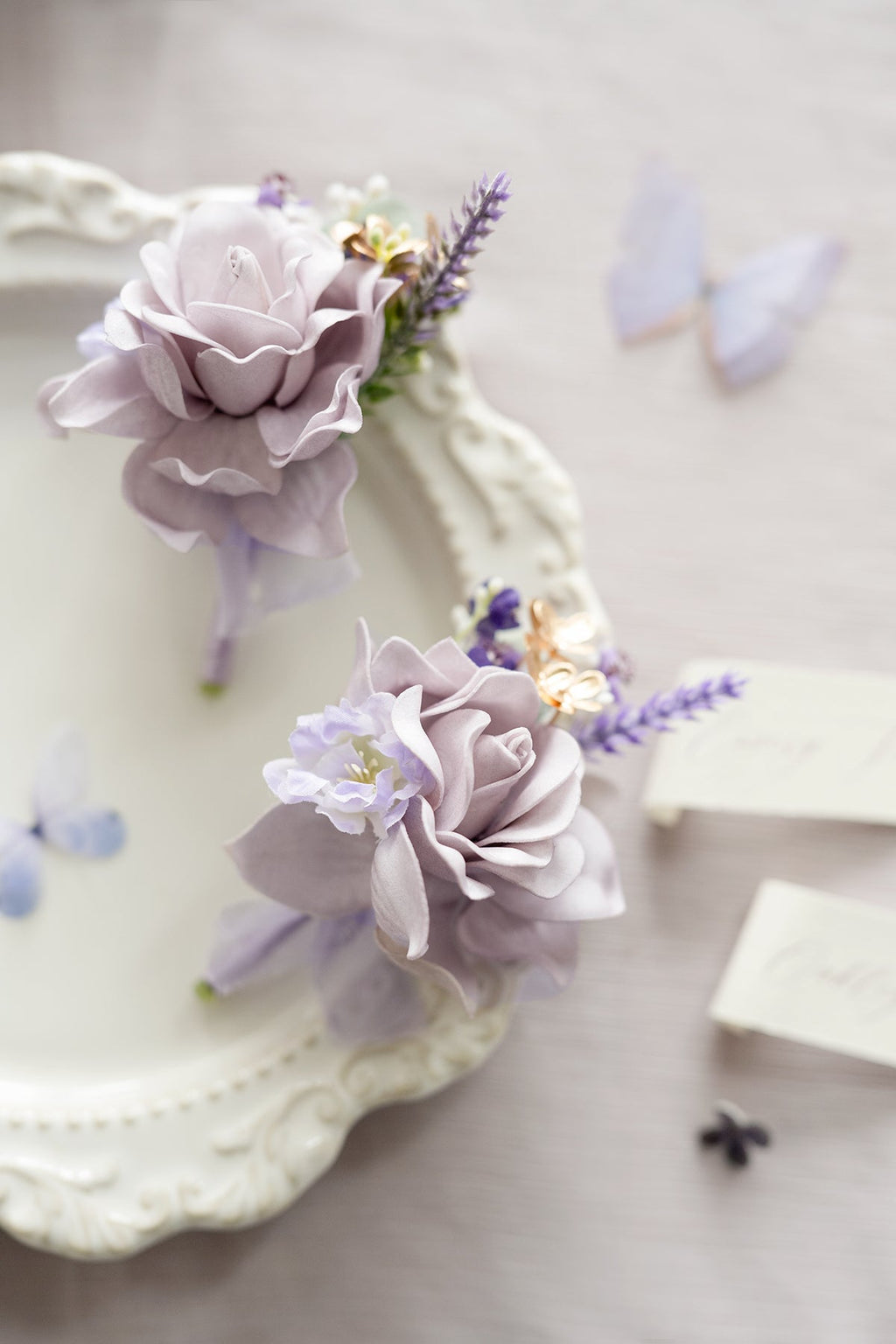 Boutonnieres in Lilac & Gold