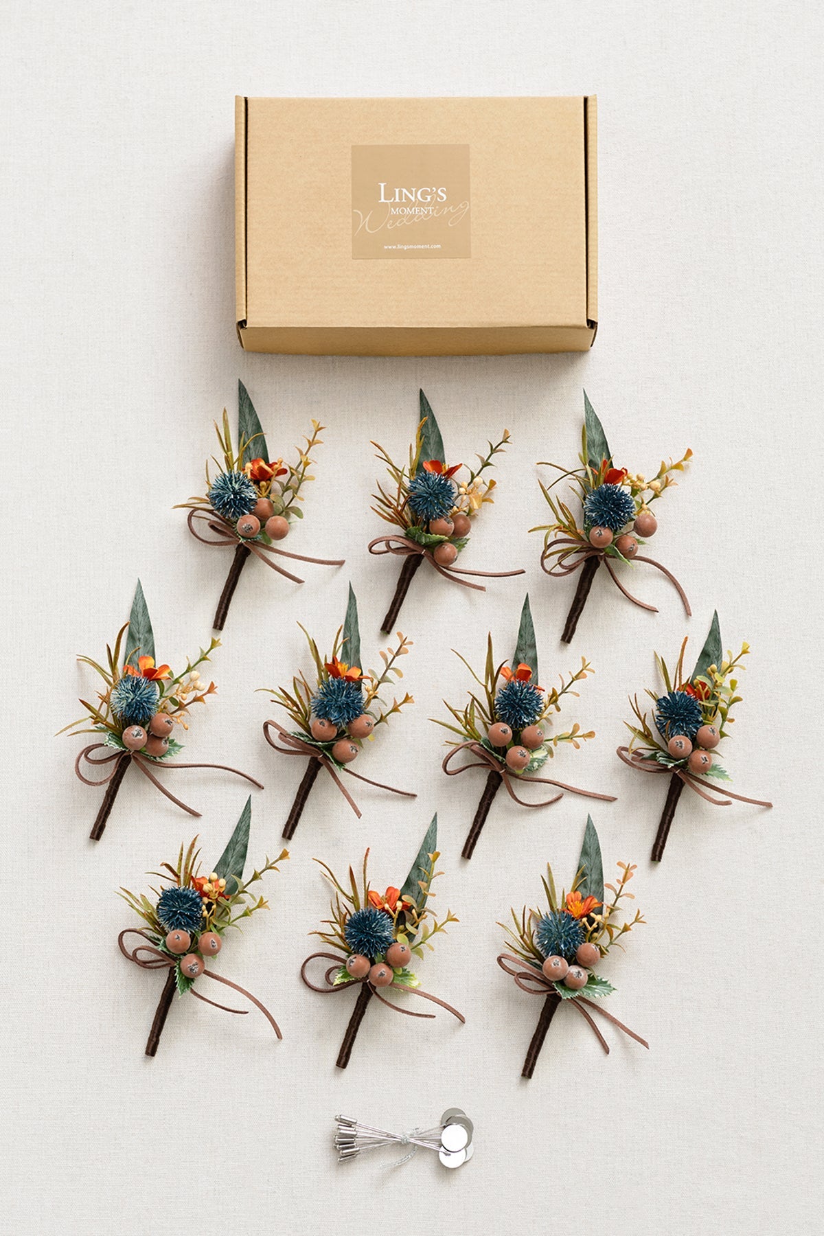 Boutonnieres for Guests in Dark Teal & Burnt Orange