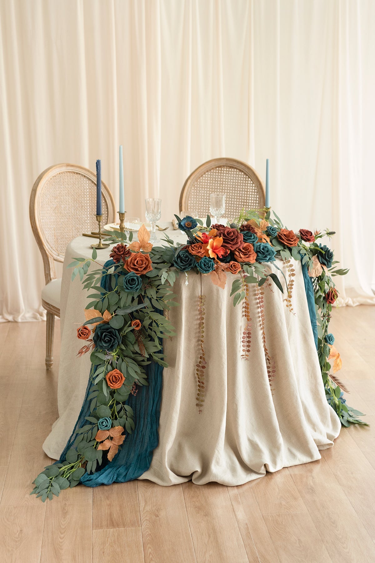 9ft Head Table Flower Garland in Dark Teal & Burnt Orange