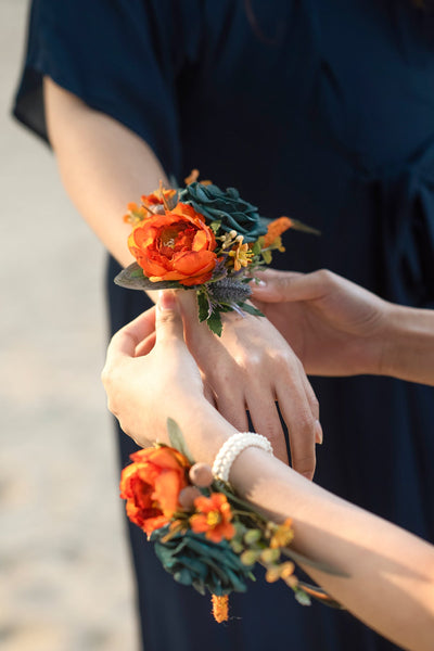 Wrist Corsages in Dark Teal & Burnt Orange
