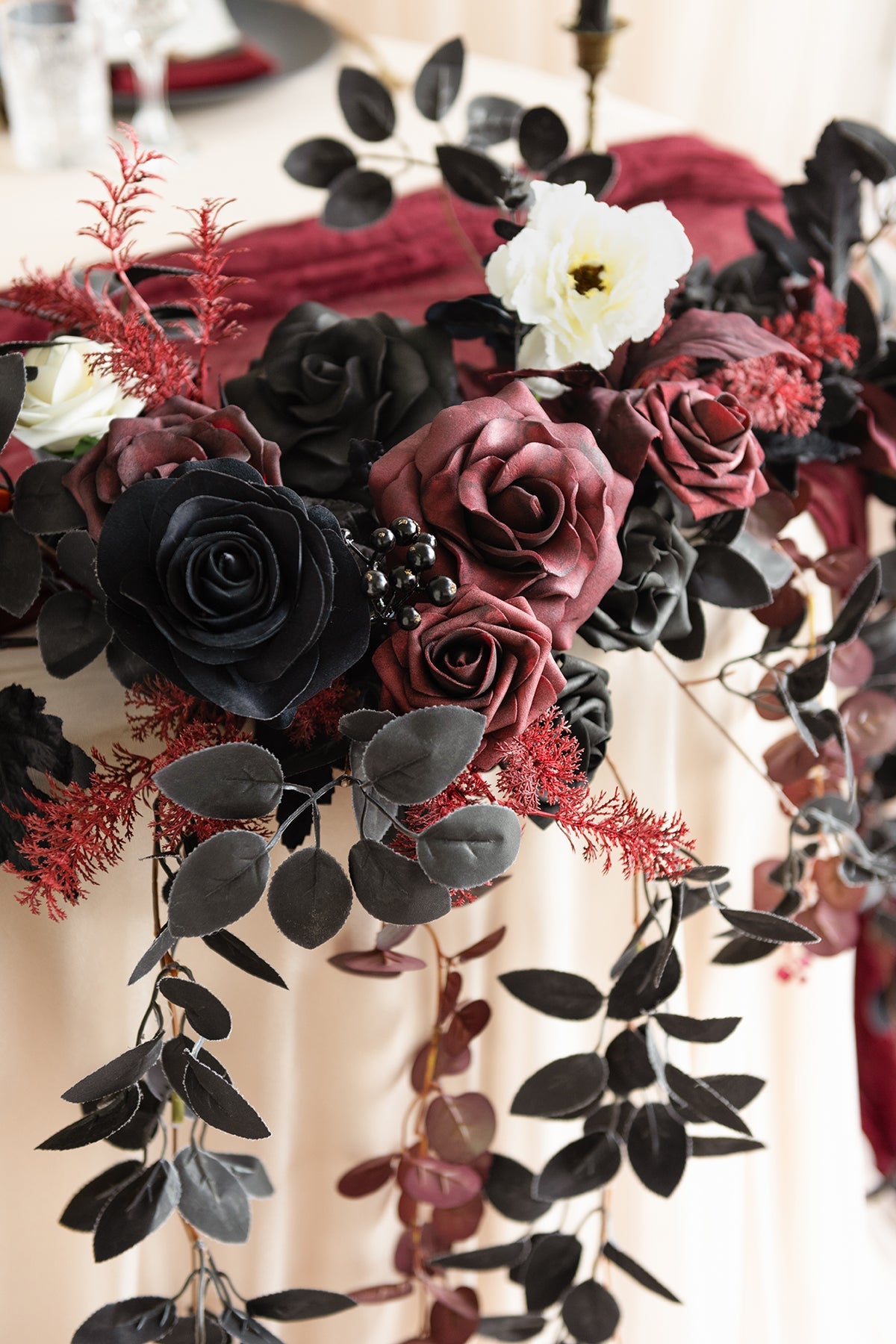 9ft Head Table Flower Garland in Moody Burgundy & Black