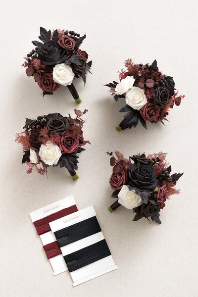Round Bridesmaid Bouquets in Moody Burgundy & Black