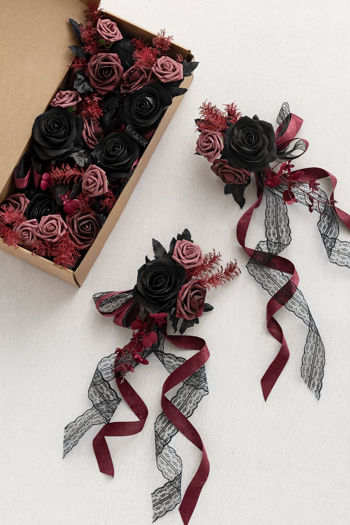 Wedding Aisle Decoration Pew Flowers in Moody Burgundy & Black