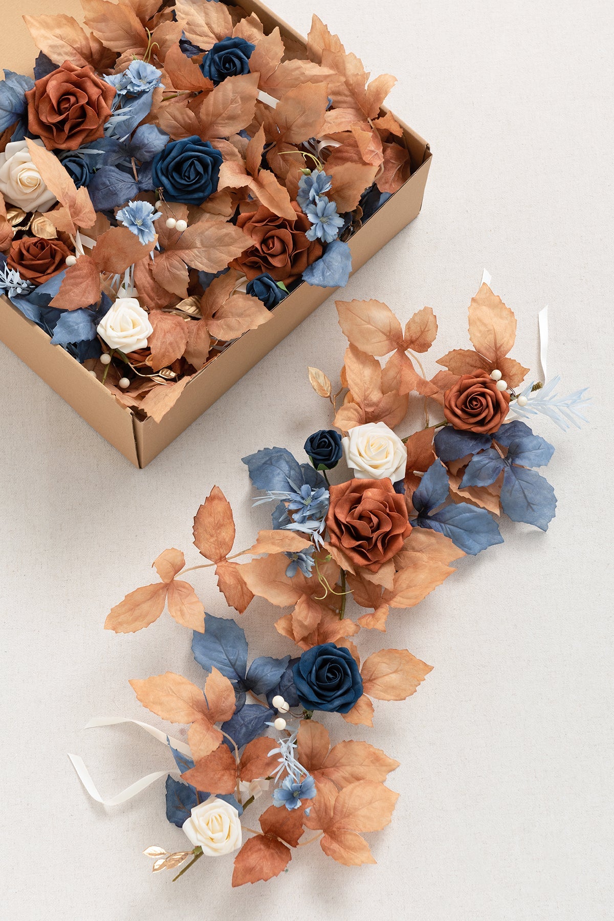2ft Flower Garlands in Russet Orange & Denim Blue