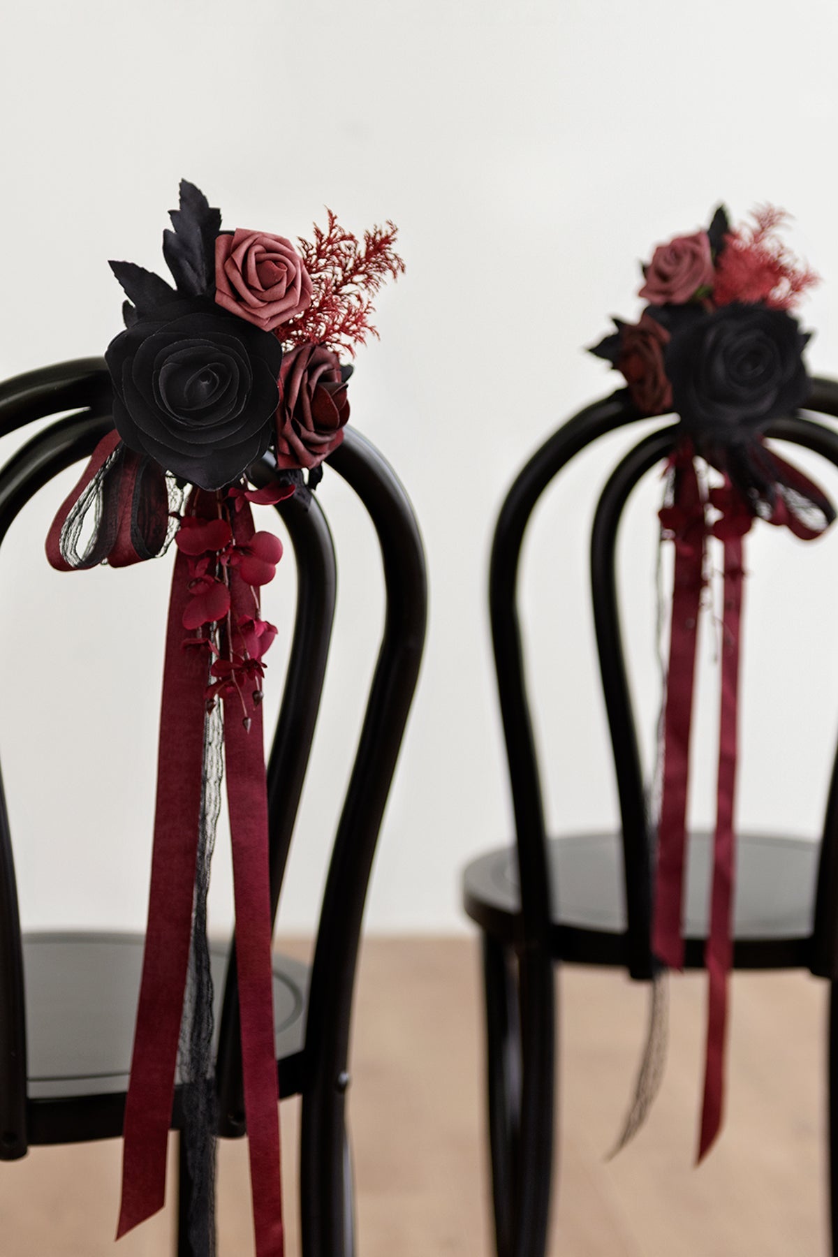 Wedding Aisle Decoration Pew Flowers in Moody Burgundy & Black