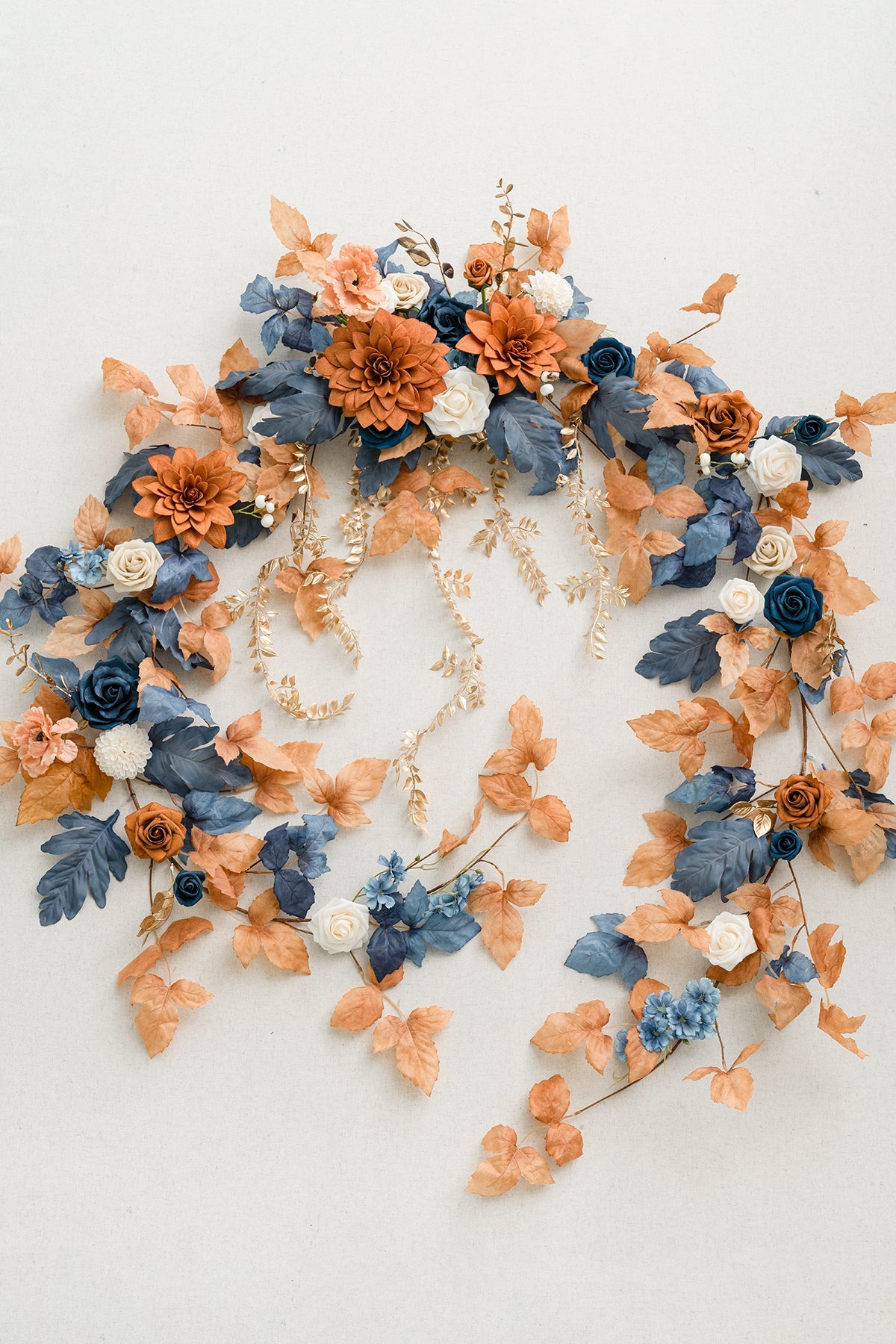 9ft Head Table Flower Garland in Russet Orange & Denim Blue