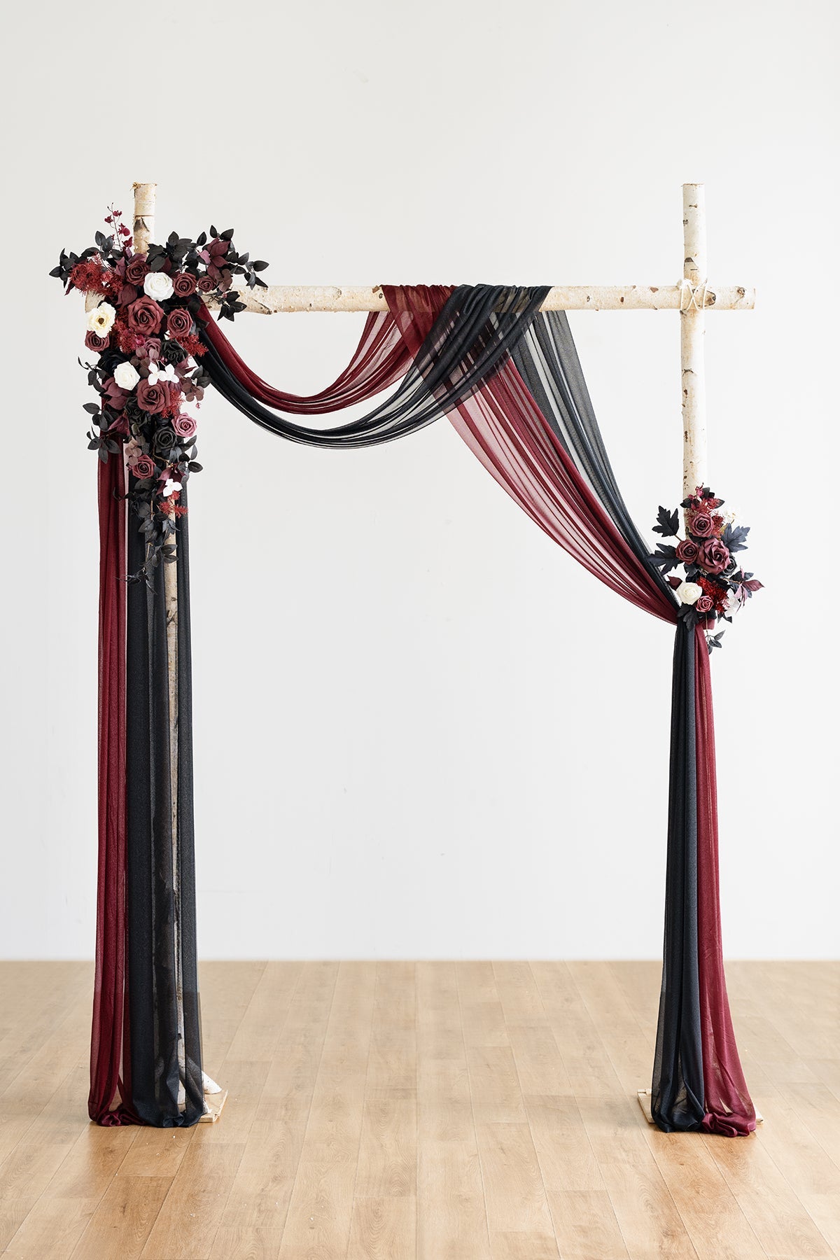 Flower Arch Decor with Drapes in Moody Burgundy & Black