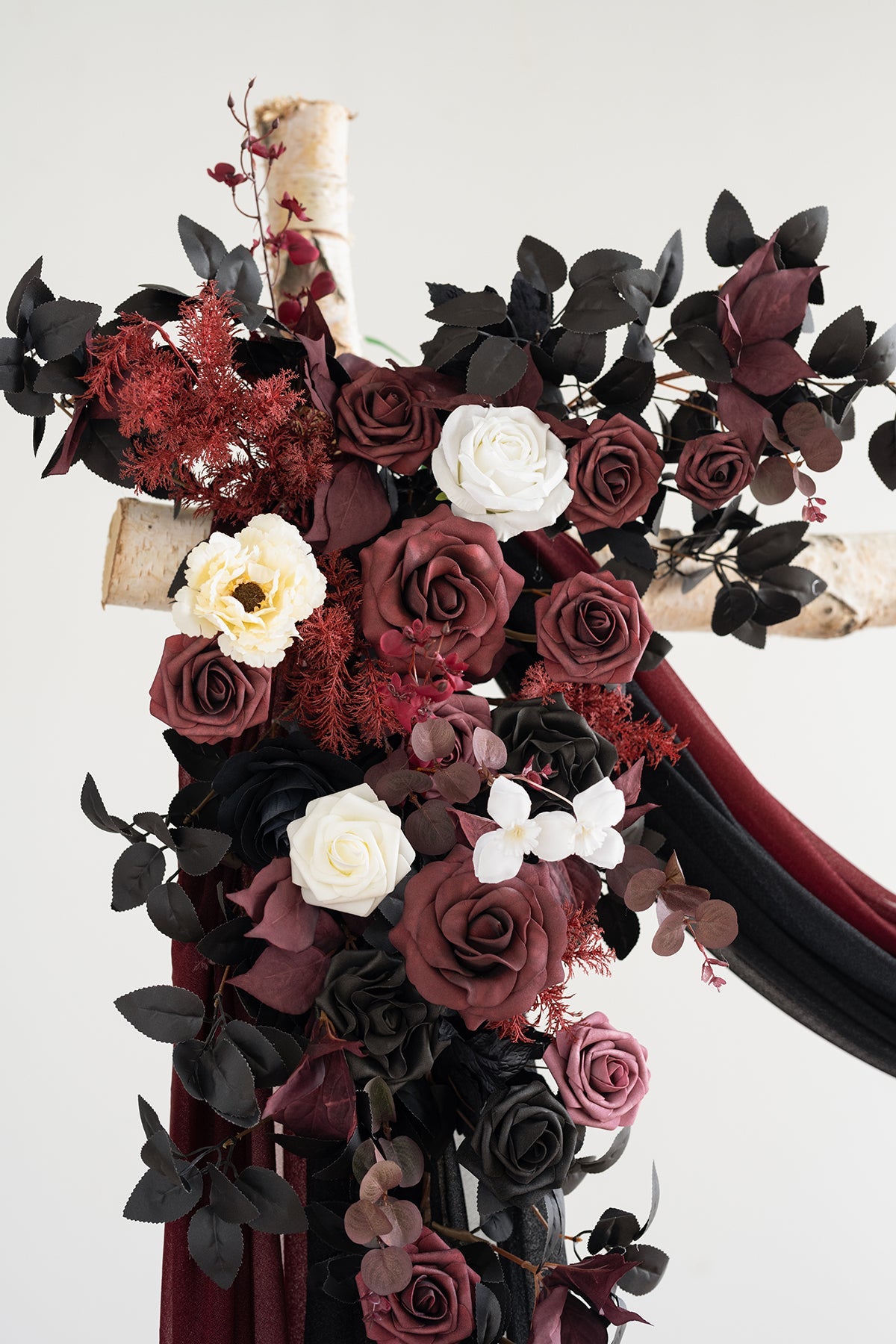 Flower Arch Decor with Drapes in Moody Burgundy & Black