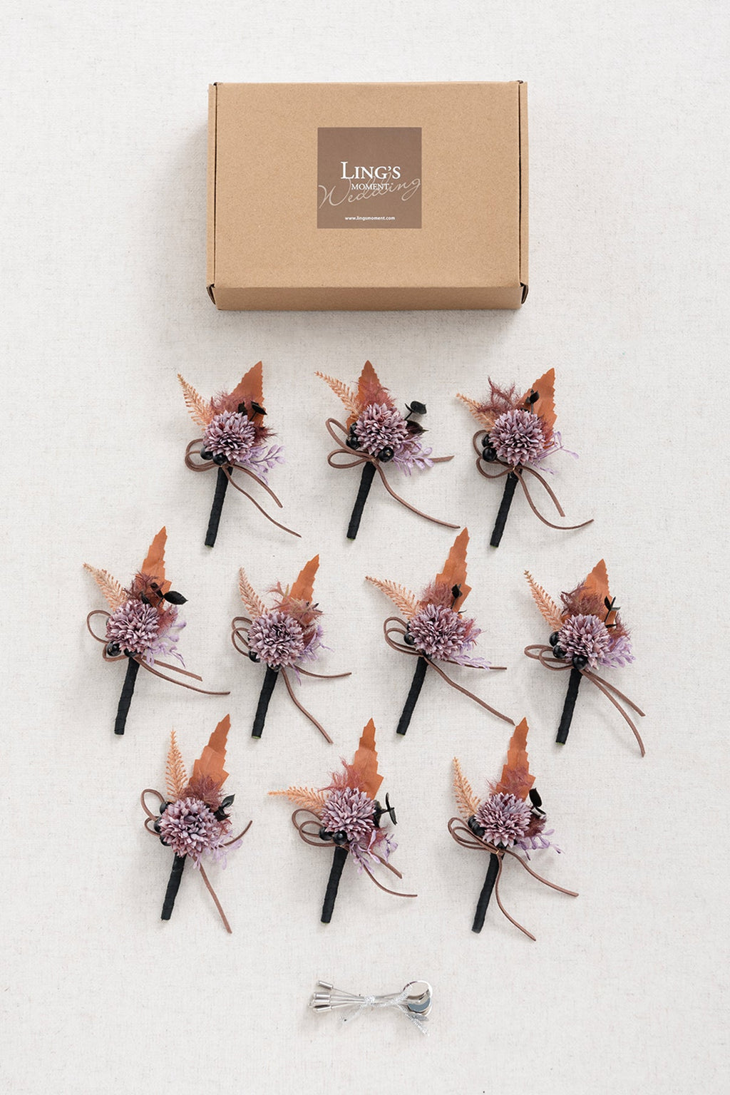 Boutonnieres for Guests in Twilight Purple & Harvest Orange | Clearance