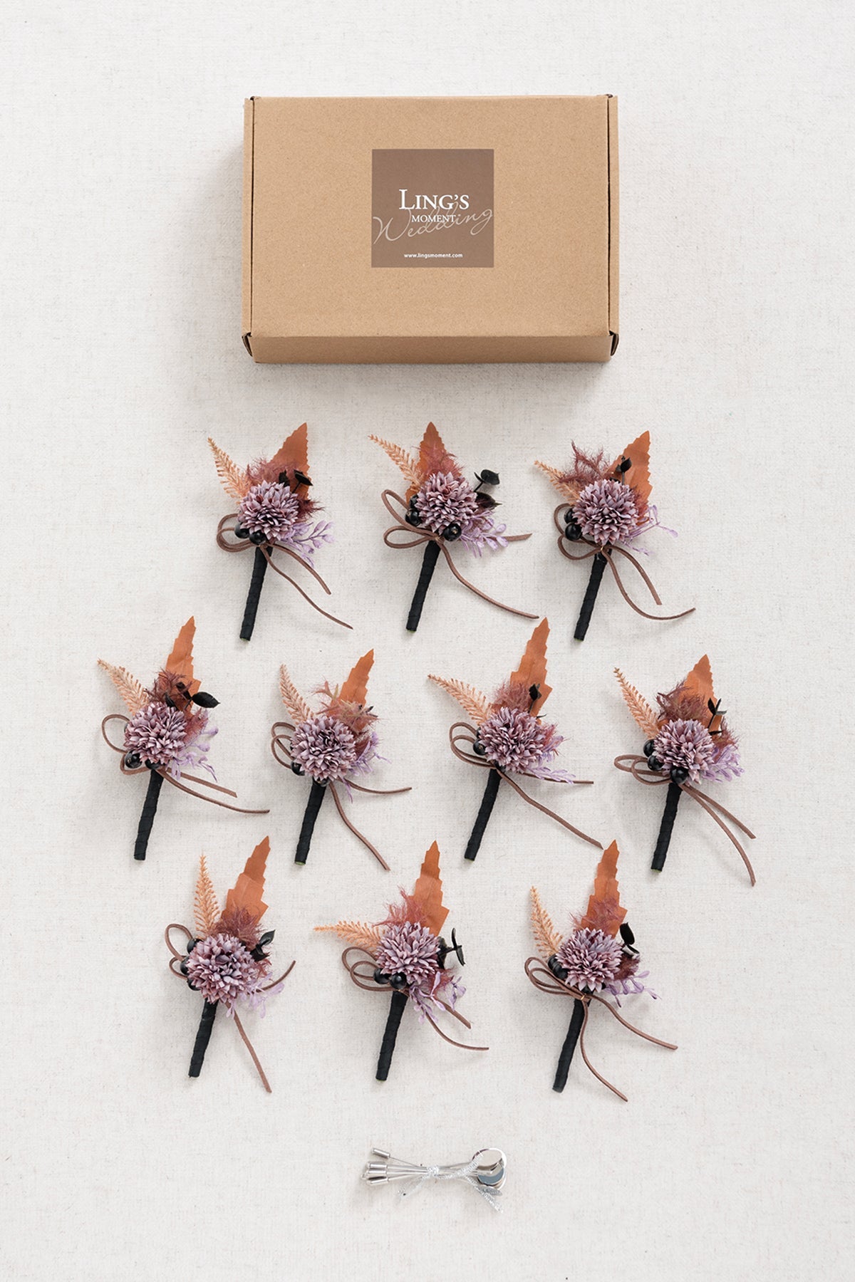 Boutonnieres for Guests in Twilight Purple & Harvest Orange | Clearance