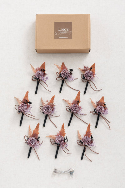 Boutonnieres for Guests in Twilight Purple & Harvest Orange | Clearance