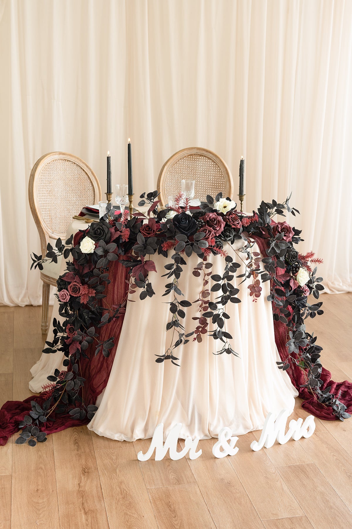 9ft Head Table Flower Garland in Moody Burgundy & Black
