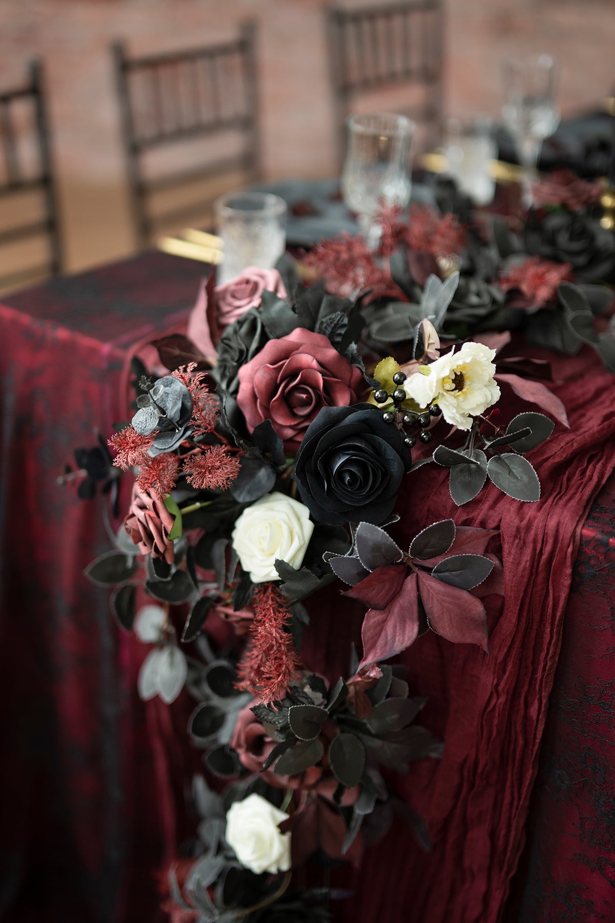 6ft Flower Garland in Moody Burgundy & Black