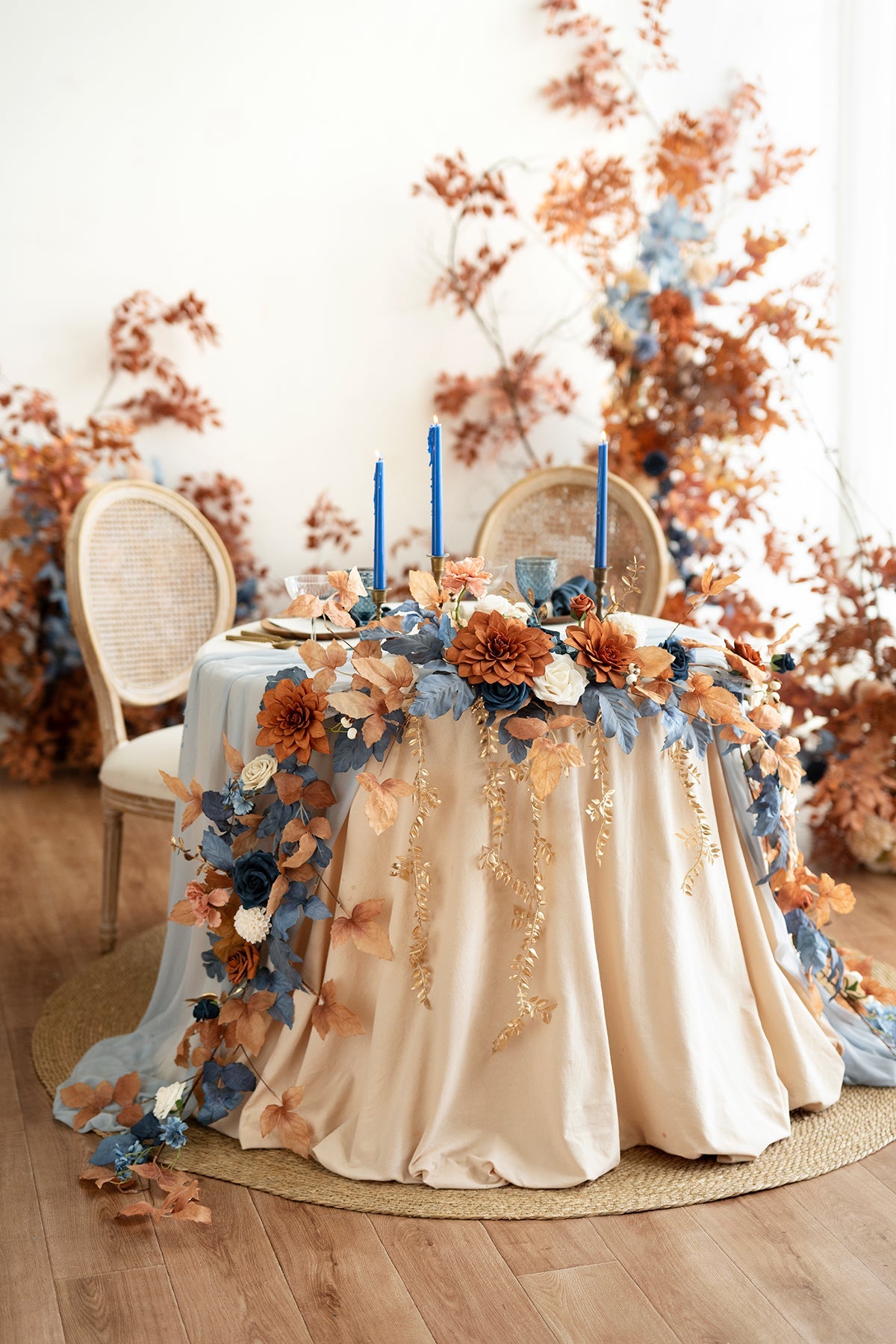 9ft Head Table Flower Garland in Russet Orange & Denim Blue